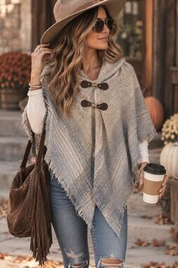 Apt 9 Cowl Neck Knit Poncho Fringe Faux Leather Toggles One Size